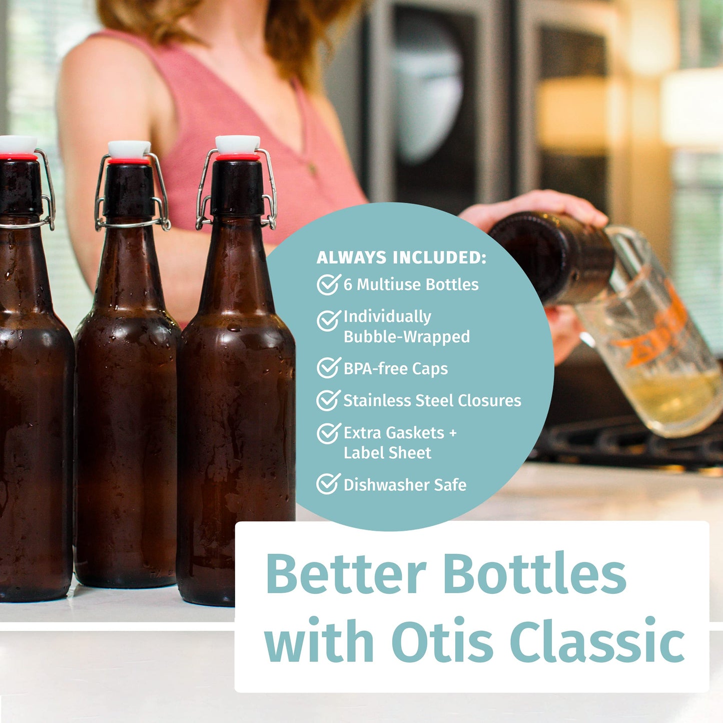 Otis Classic Swing Lid Glass Bottles with Lids Flip Stoppers for Second Fermentation Kombucha Water Kefir Brewing Beer Set of 6 16 oz Amber