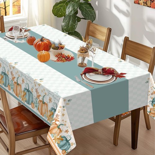Childom 2 Pack Thanksgiving Tablecloths,Thanksgiving Decorations 54" x 108" Disposable Plastic Tablecloths,Blue Pumpkin Maple Table Covers for Rectangular Table,Home,Dinner,Party,Outdoor Picnic