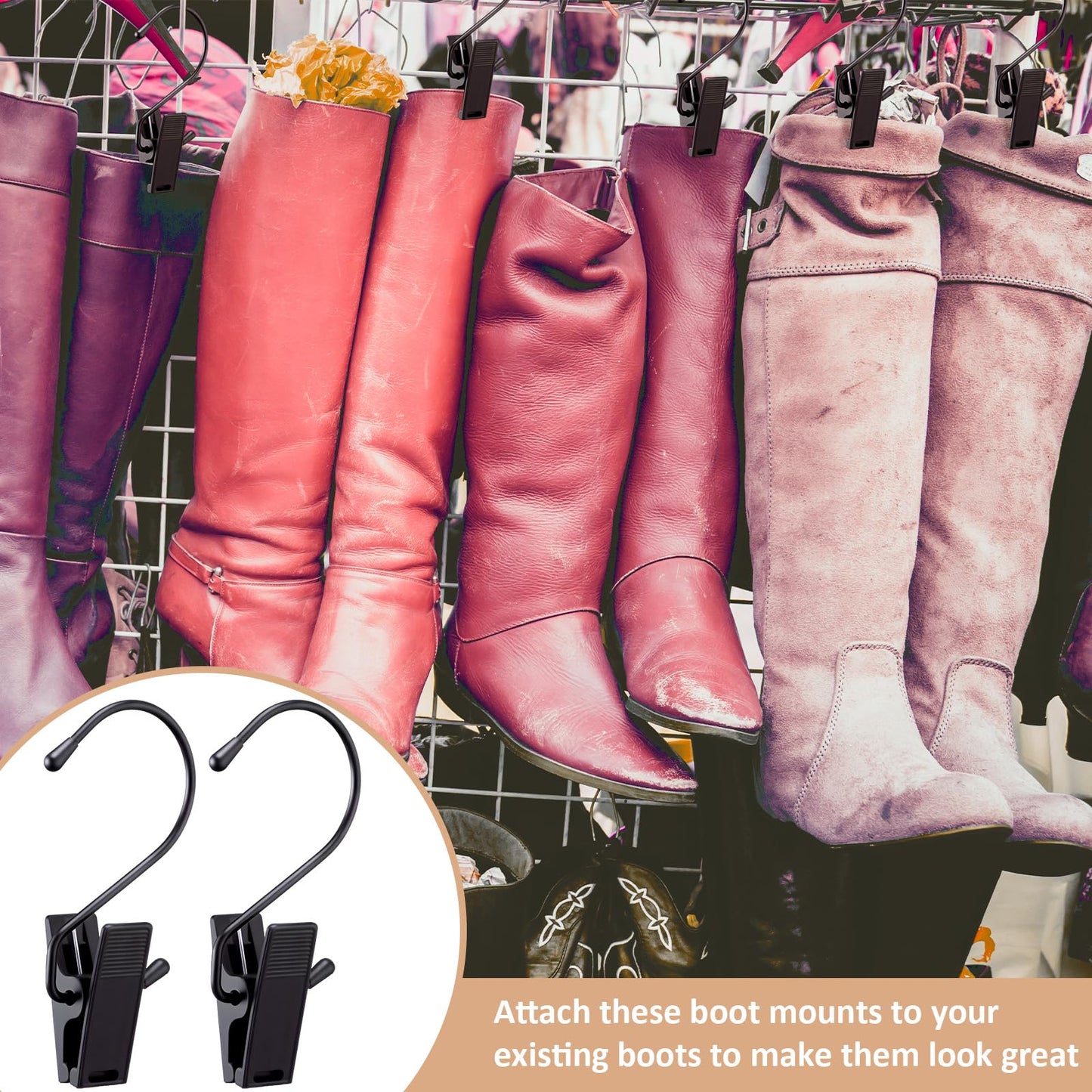 Otoolling 50 Pcs Boot Hangers for Closet Boot Hooks Pants Hangers with Clips Heavy Duty Black Clothes Clips for Legging Socks Towels Hats