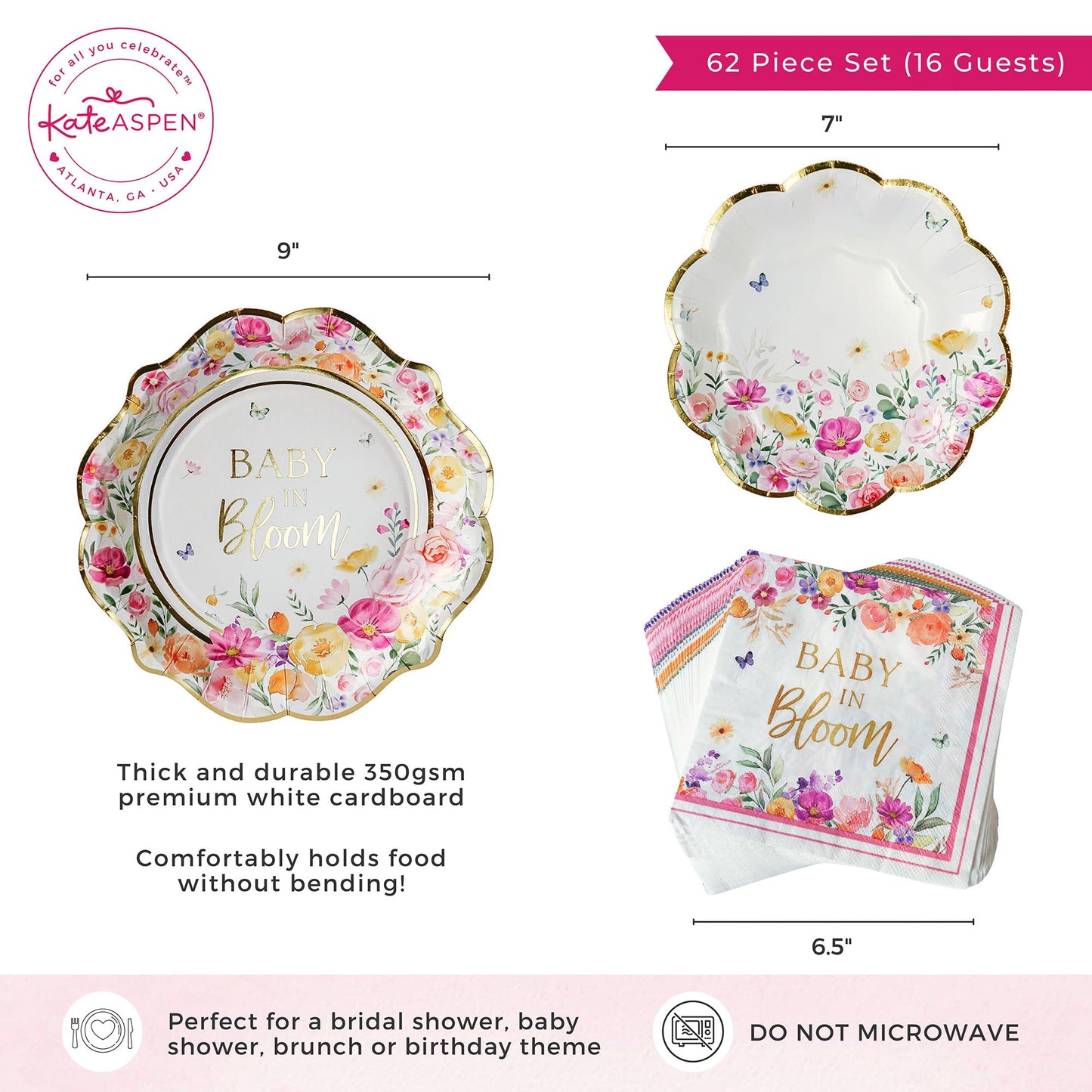 Kate Aspen Baby in Bloom 62 Piece Party Tableware Set Baby Shower Party Decorations Plates & Napkins, Vibrant Floral Botanical (16 Guests)- Perfect for Greenery Baby Shower