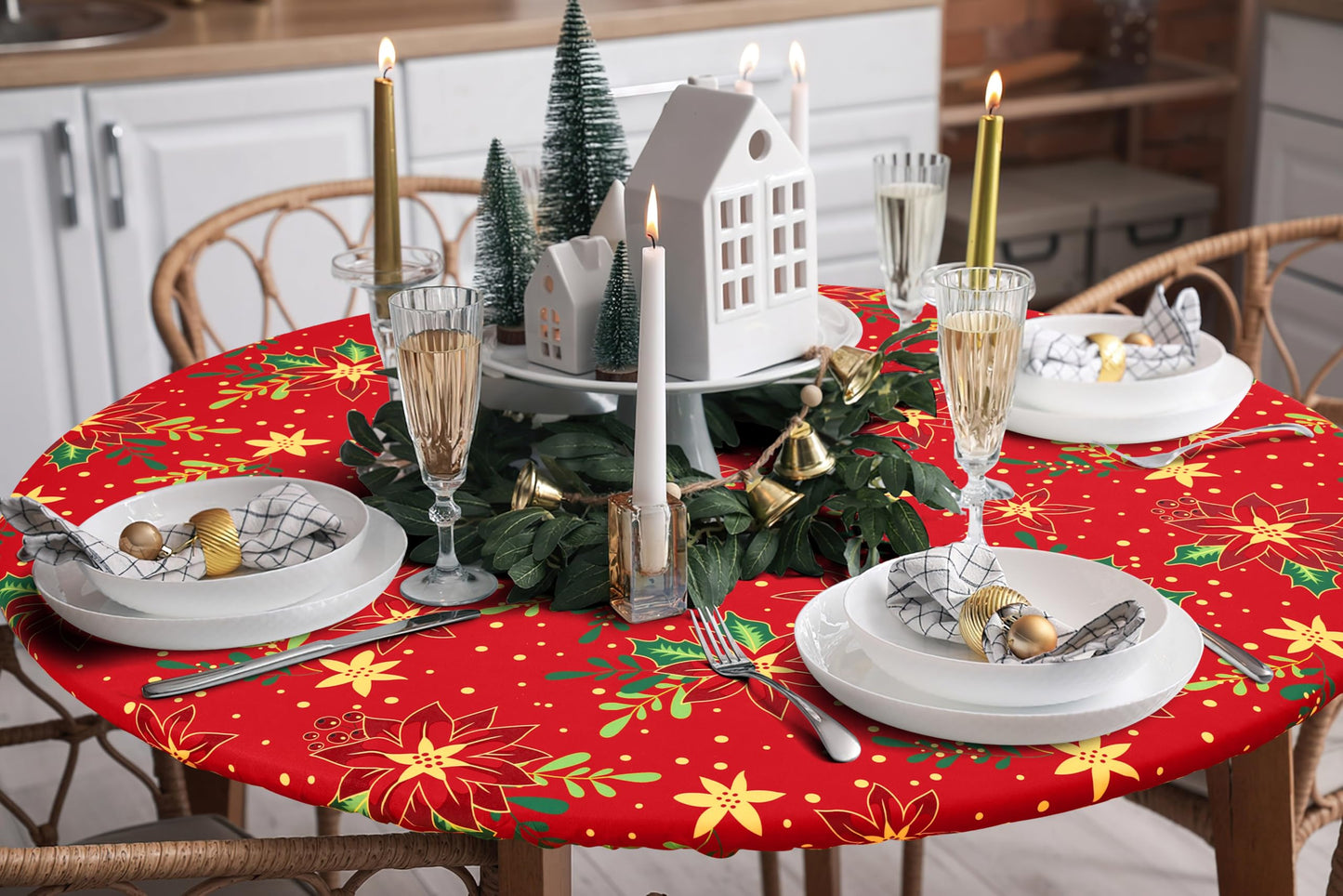 homing Round Elastic Fitted Tablecloth, Water-Resistant Fabric Tablecloths for 45"-56" Tables, Washable Polyester Table Cover for Picnic, Caming, Dinner, Indoor & Outdoor, Flowers