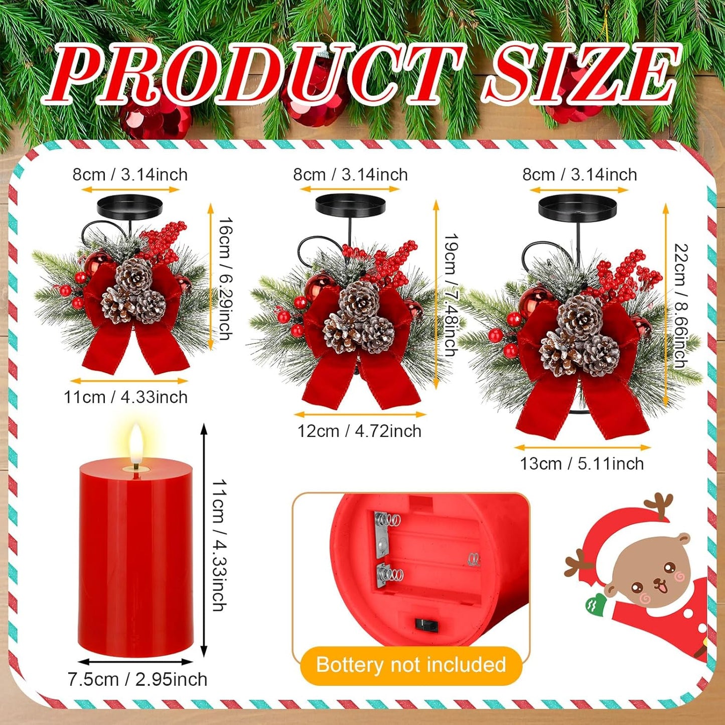 Yunlly Christmas Candle Holder Set - 3 LED Battery-Operated Pine Cone Ball Centerpieces | Festive Table Decor