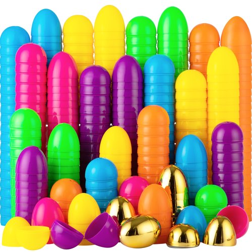 JOYIN 200PCS Easter Eggs, Empty 2.3" 194PCS Colorful with 6PCS Golden Eggs Bulk Plastic Fillable for Easter Hunt Party Favor Basket Stuffers Filler Classroom Prize Supplies Decor