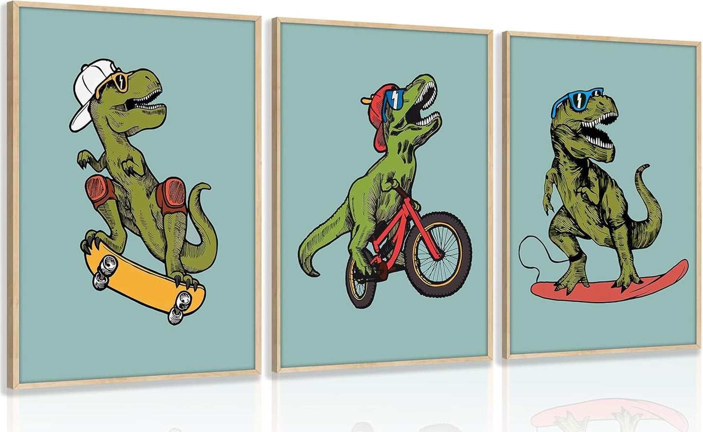 Skiennix Funny Dinosaur Nursery Canvas Wall Art - Surfing & Skateboarding Design | Perfect for Boys' Room Decor