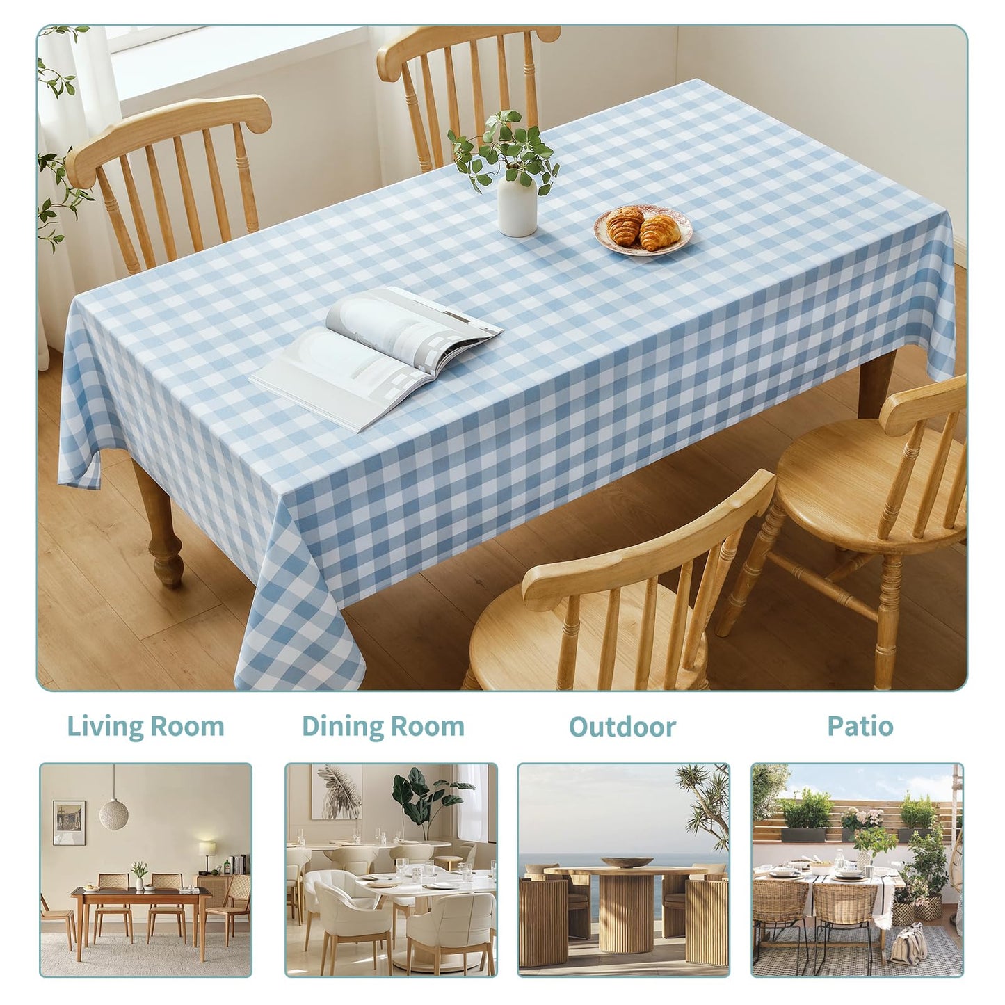 Veblandy Checkered Tablecloth Rectangle Waterproof Gingham Table Cloth Washable Buffalo Plaid Table Cover Wrinkle Free for Kitchen, Dining and Outdoor Picnic, 52 x 70 Inch, Light Blue and White
