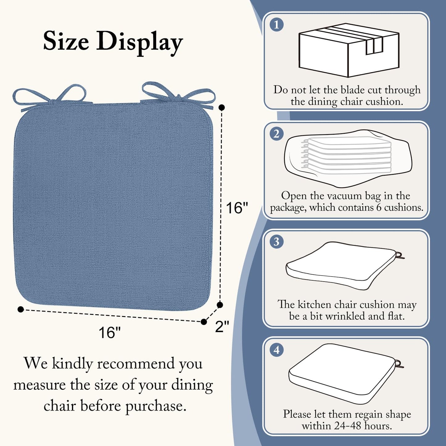 Cozyide Chair Cushions for Dining Chairs, Square Chair Pads with Ties and Non-Slip Bottom, Kitchen Chair Cushions 4 Pack, 16" x 16" x 2", Blue