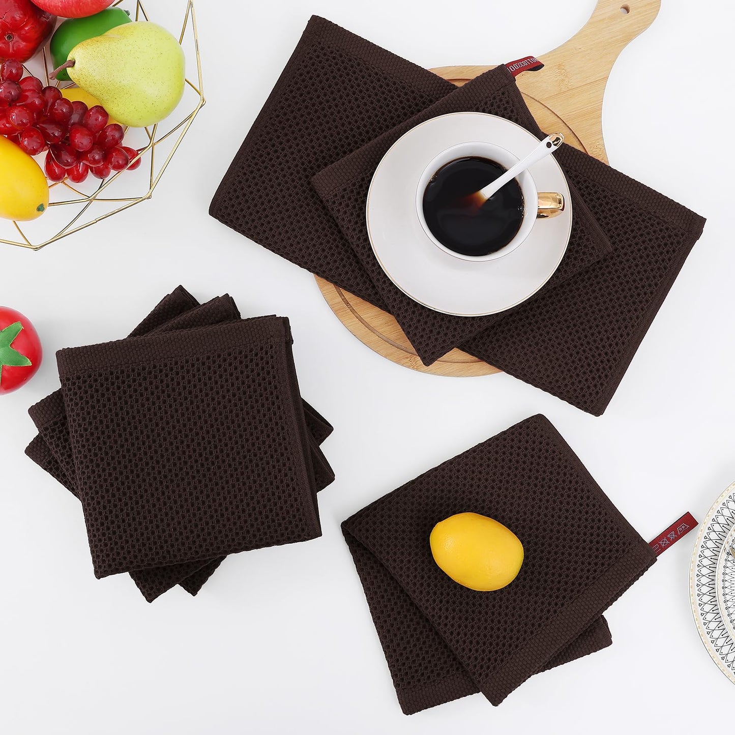 Homaxy 100% Cotton Waffle Weave Kitchen Dish Cloths, Ultra Soft Absorbent Quick Drying Dish Towels, 12 x 12 Inches, 12-Pack, Dark Brown