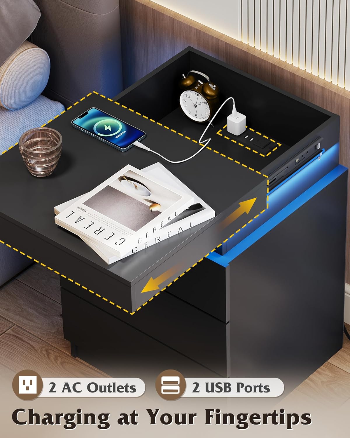 WLIVE Black Nightstand - Modern Bedside Table with Charging Station & LED Lights, 3 Drawers