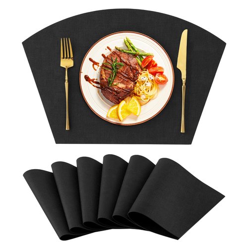 Homaxy Round Table Placemats Set of 6, Washable Wedge Shaped Faux Leather Table Mats, Wipeable Kitchen Dinner Place Mats for Indoor Outdoor, Black