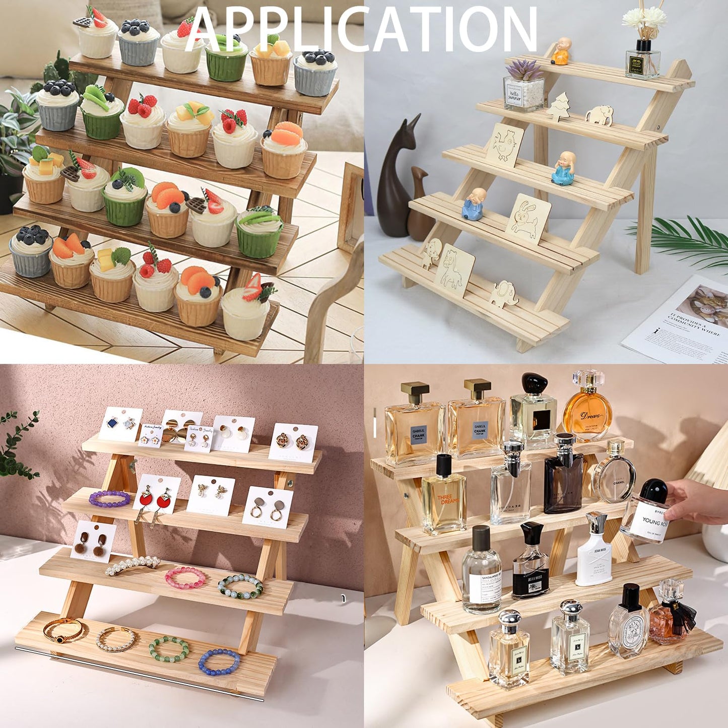 Halyuhn 4 Tier Cupcake Stand, 15” Wooden Cupcake Display Stand, Wood Spice Rack Organizer for Countertop, Wooden Rustic Display Stand for Business Card, Magazine, Poster and Farmers Market, 1Pcs