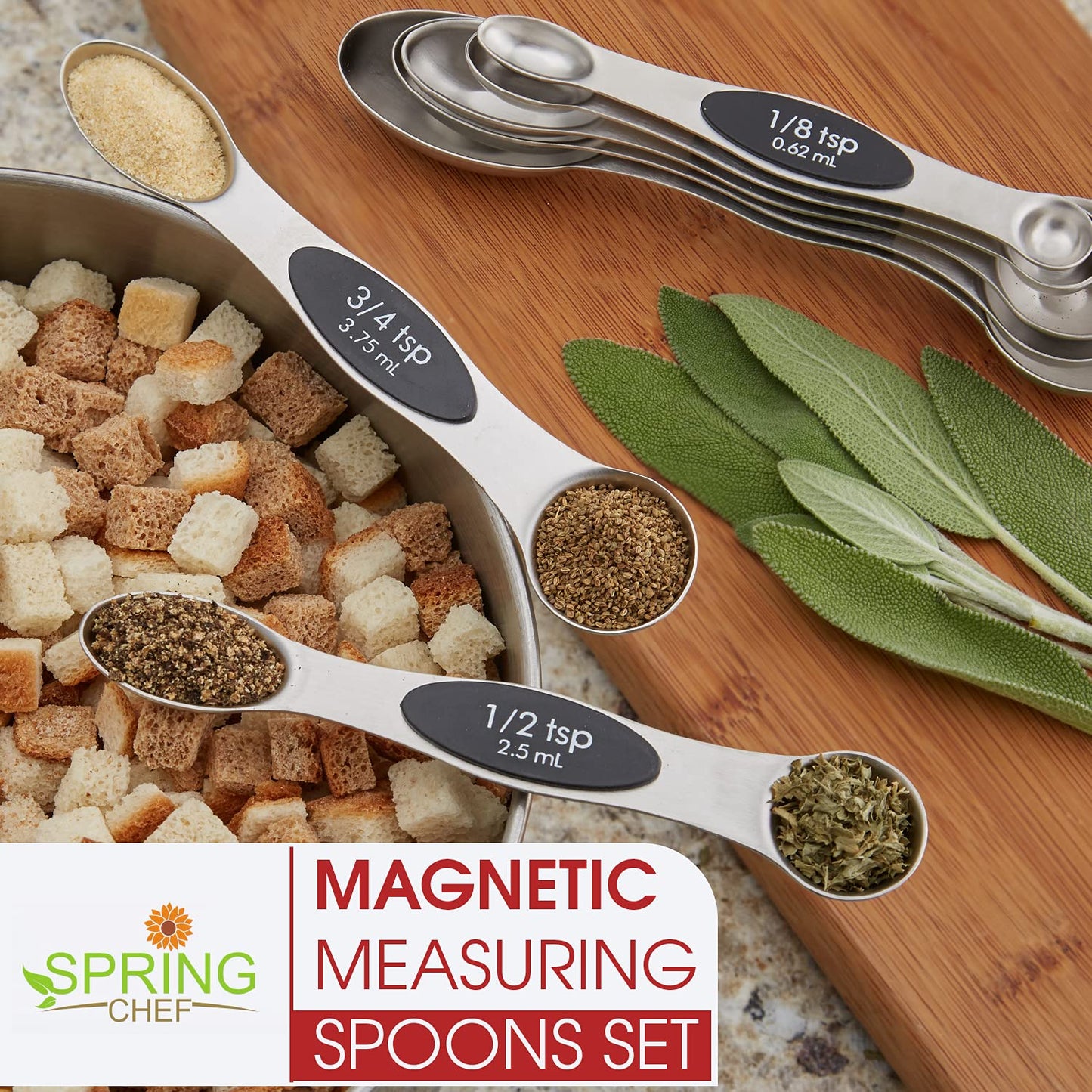 Spring Chef Magnetic Measuring Spoons Set, Dual Sided, Stainless Steel, Fits in Spice Jars, White, Set of 8, 2 Pack
