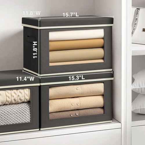 Homsorout Stackable Storage Bins - Large Foldable Closet Organizers with Lids, 4 Pack, Dark Grey