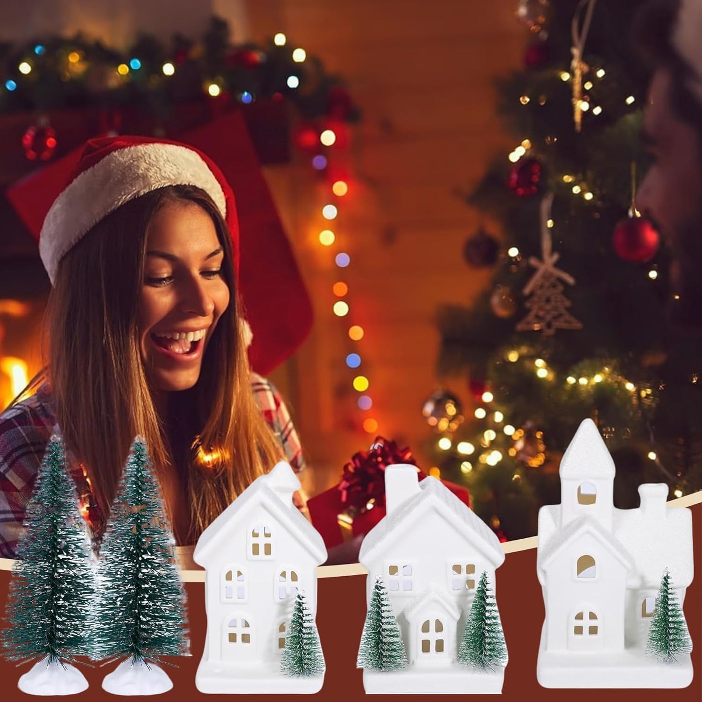 Skiennix Christmas Village Set - 5PCS LED Lighted Ceramic Houses & Decorative Trees | Home Decor