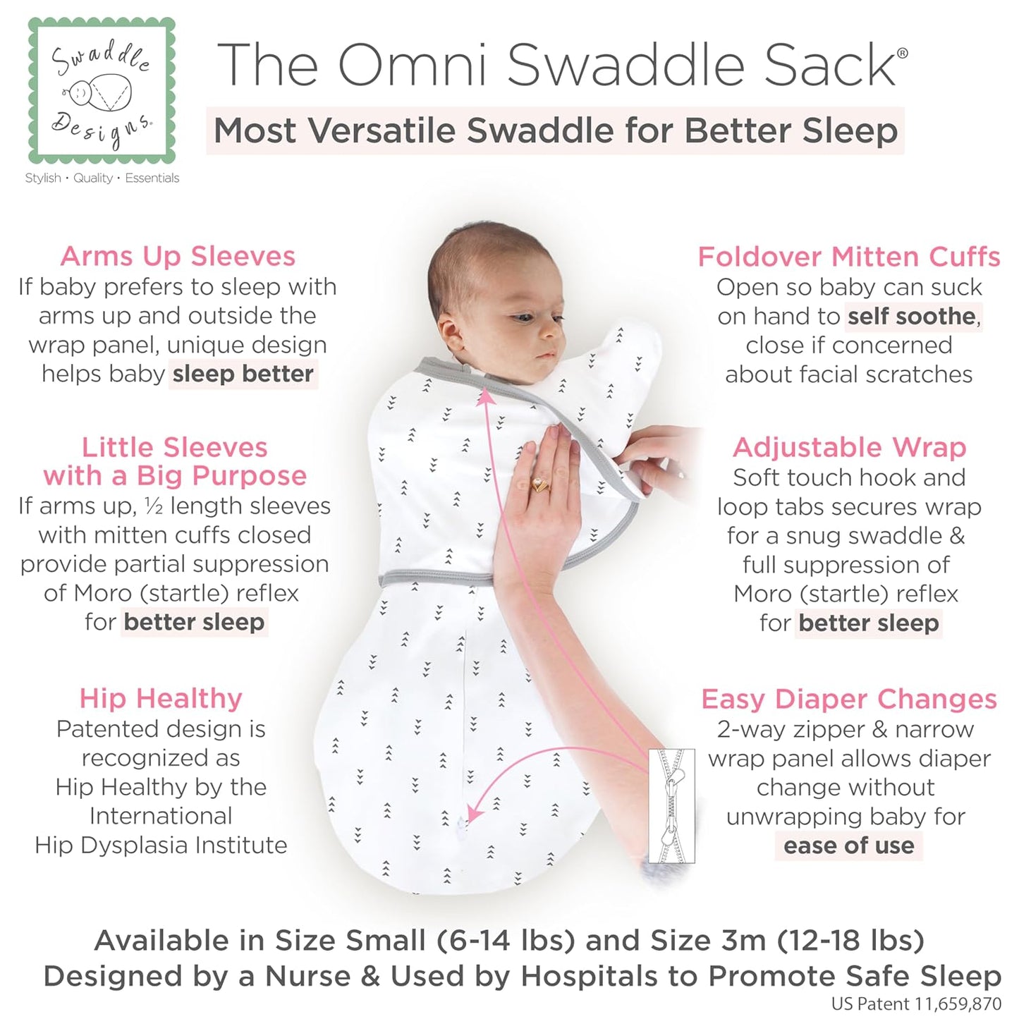 SwaddleDesigns 6-Way Omni Swaddle Sack - Arms Up Design for Newborns, Calms Startle Reflex, 12-18 lbs | Tiny Arrows Black