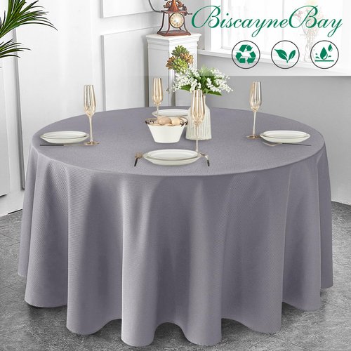 Biscaynebay Textured Fabric Round Tablecloths 108", Silver Grey Water Resistant Table Cloth Circle Folding Table Covers Linen for Dining, Kitchen, Wedding and Parties etc. Machine Washable