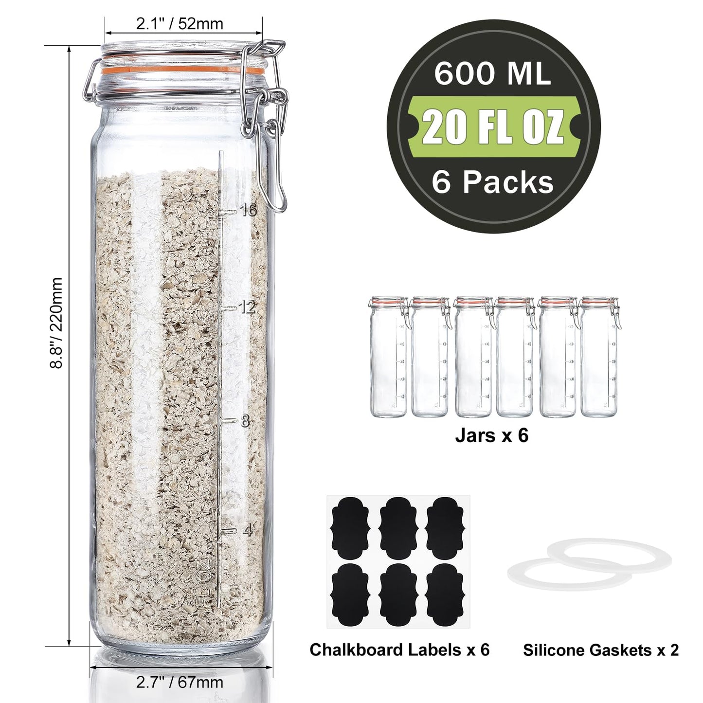 [Upgraded] 20 oz Glass Jars with Airtight Lids for Vanilla Extract, 6 Pack Glass Juice Bottles with 2 Measurement Marks, Glass Food Storage Canister Set For Beans, Spice, Tea, Drink, Milk. 600ML
