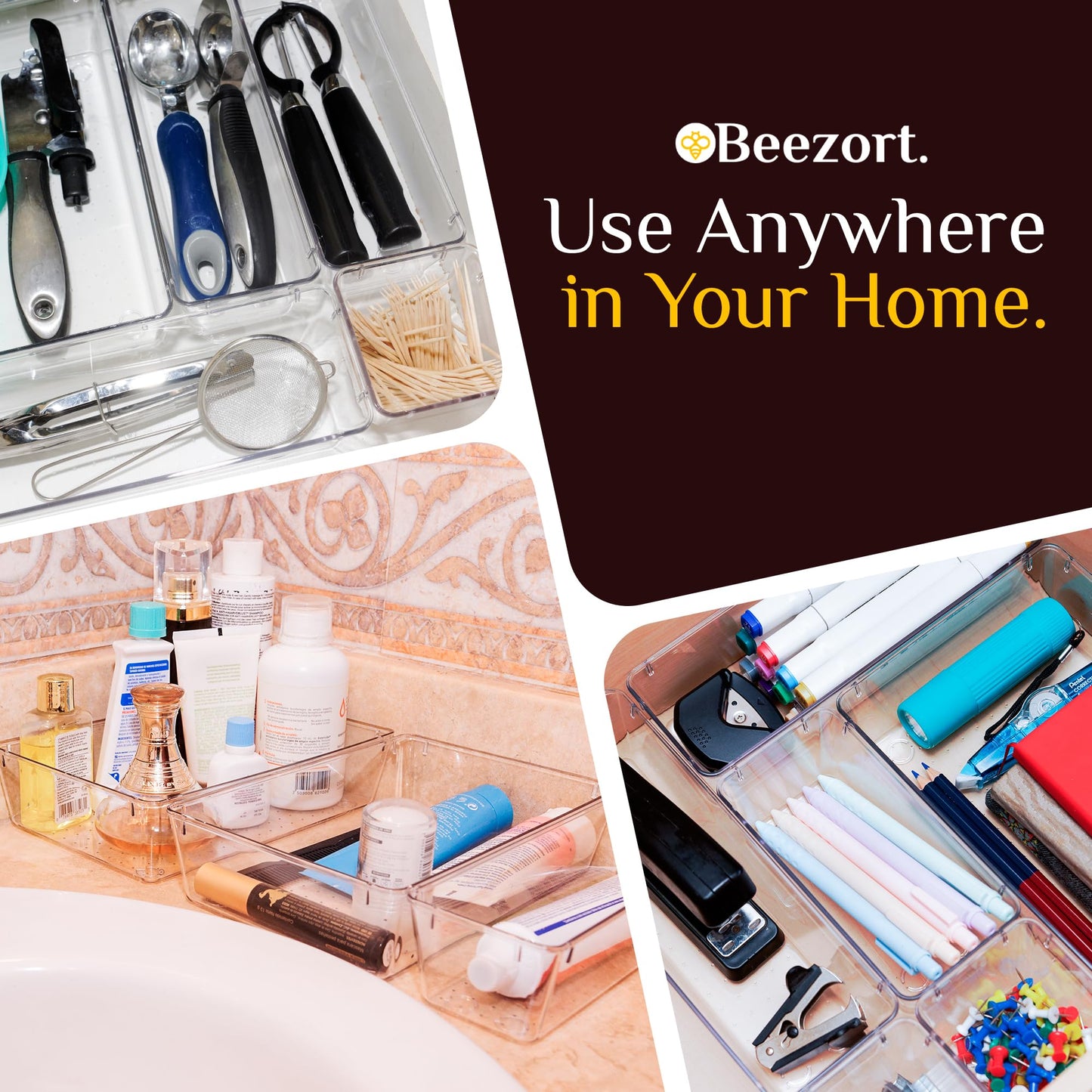 Beezort 40 PCS Clear Drawer Organizer Set, BPA-Free PET Plastic Trays with Non-Slip Pads, Nesting Storage Organizers for Kitchen Drawer, Bathroom, Vanity Makeup, Office Desk