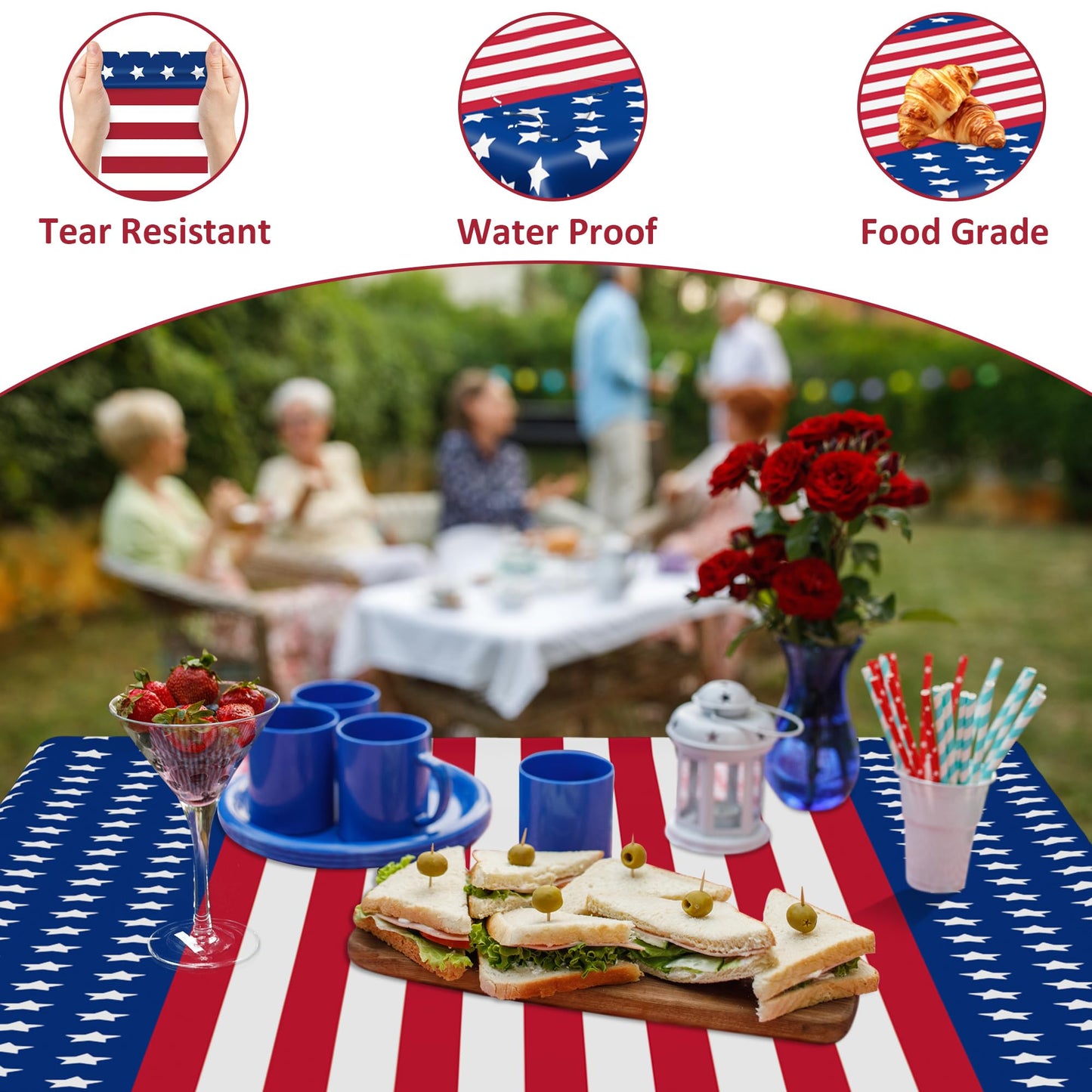 6 PACK 4th of July Decorations, 108" X 54" 250th Anniversary Patriotic Plastic Table Cover, Disposable Water Proof Fourth of July Tablecloths, Red White Blue USA Decor Memorial Day Party Supplies