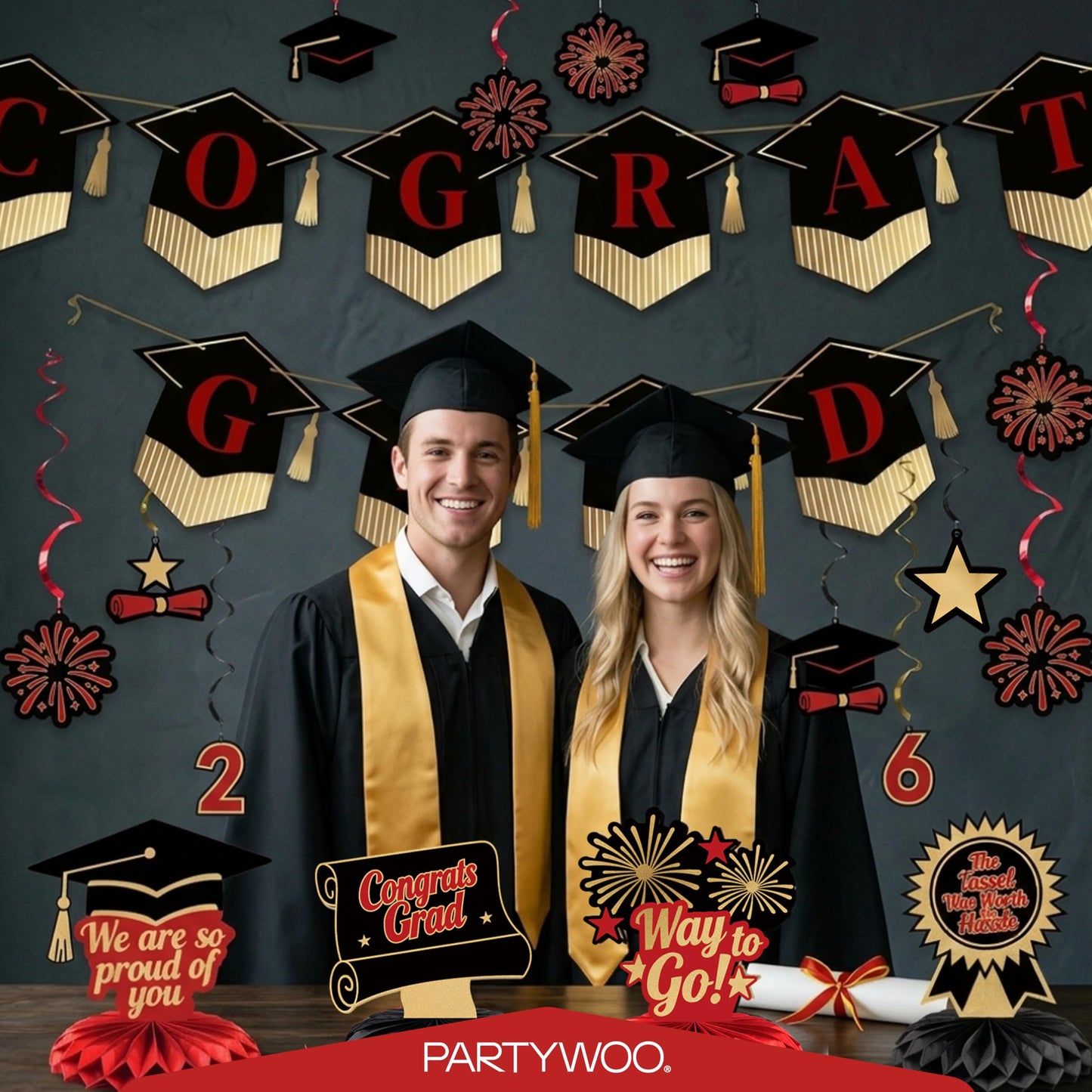 PartyWoo Class of 2026 Black and Red Graduation Banner Decorations 2pcs Black Red 2026 Hanging Congrats Grad Party Banner Supplies for Middle High School College Graduation Party Decorations