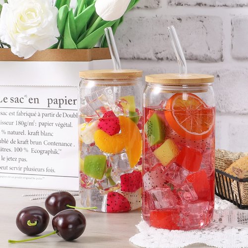 CWHHRN Glass Cups with Lids and Straws, 16oz Drinking Glasses, Iced Coffee Cups, Glass Tumbler with Lid, Great for Soda Boba Tea Cocktai (1 PACK)