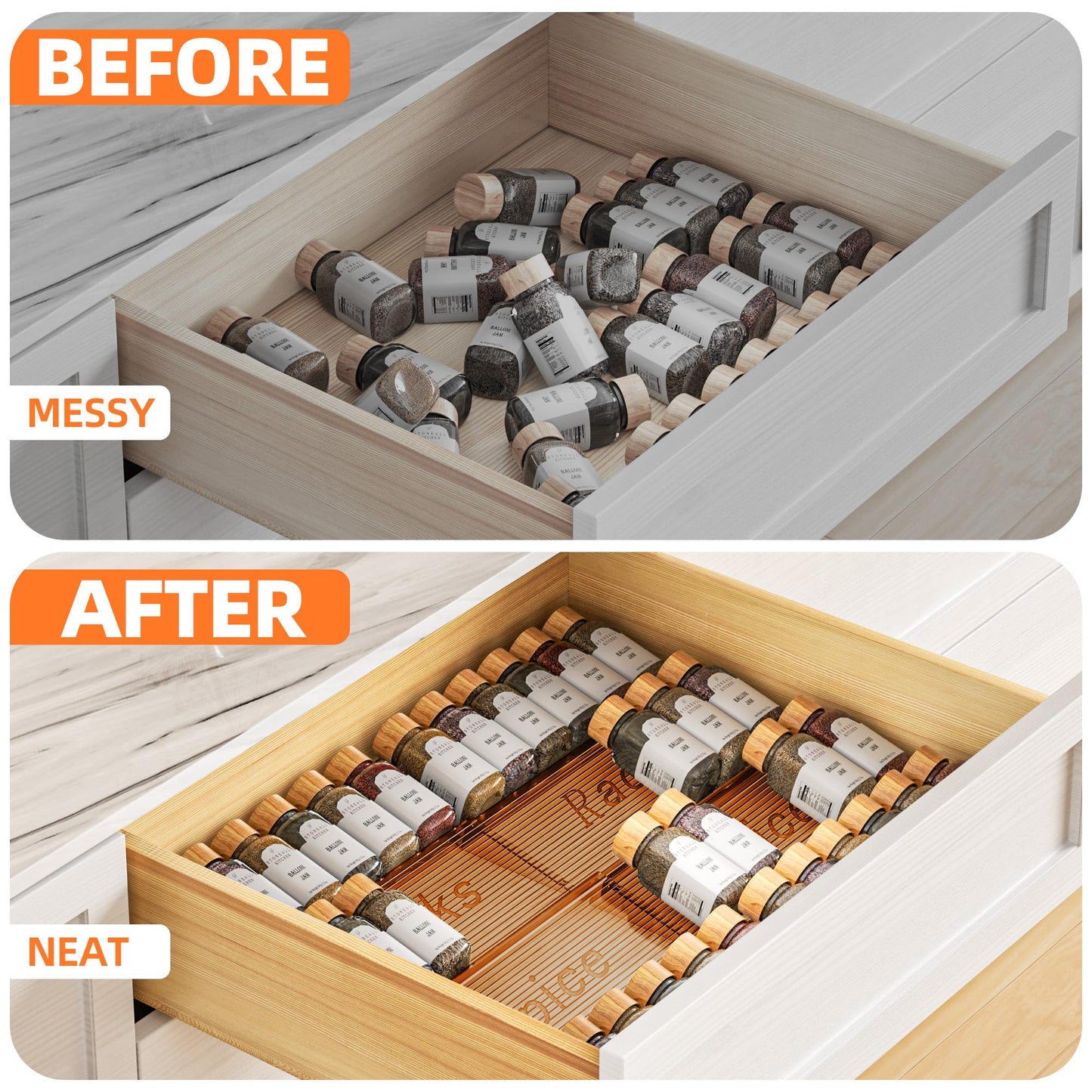 PanPanPal Spice Drawer Organizer, 4 Tier- 4 Pack Amber Acrylic Drawer Seasoning Organizer, Expandable From 11'' to 22'' Kitchen Spice Rack Organizers and Storage for Drawer (Jars not included)