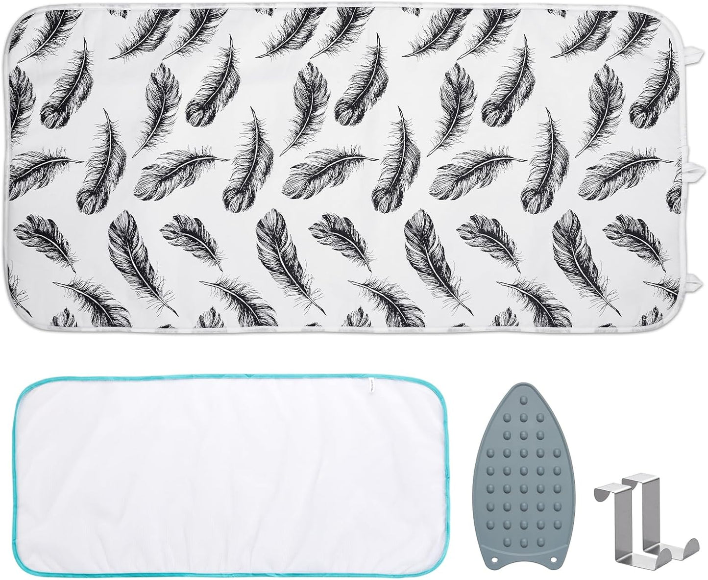 Seiritex Ironing Mat - Portable 5-in-1 Ironing Pad | 39.4 x 18.9 Inch Travel Blanket - Black Feather Design