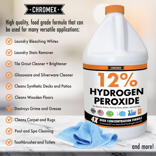 Chromex Hydrogen Peroxide 12 Percent Food Grade, 4X Power Concentrated Solution, Dilutes to 4 Gallons, Versatile Uses Include Topical Care, Home, Kitchen, Bath Cleaner, Laundry, Whitening, 1 Gallon