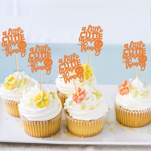 Ercadio Baby Shower Cupcake Toppers - 24 Pcs Orange "A Little Cutie Is On The Way" Decorations