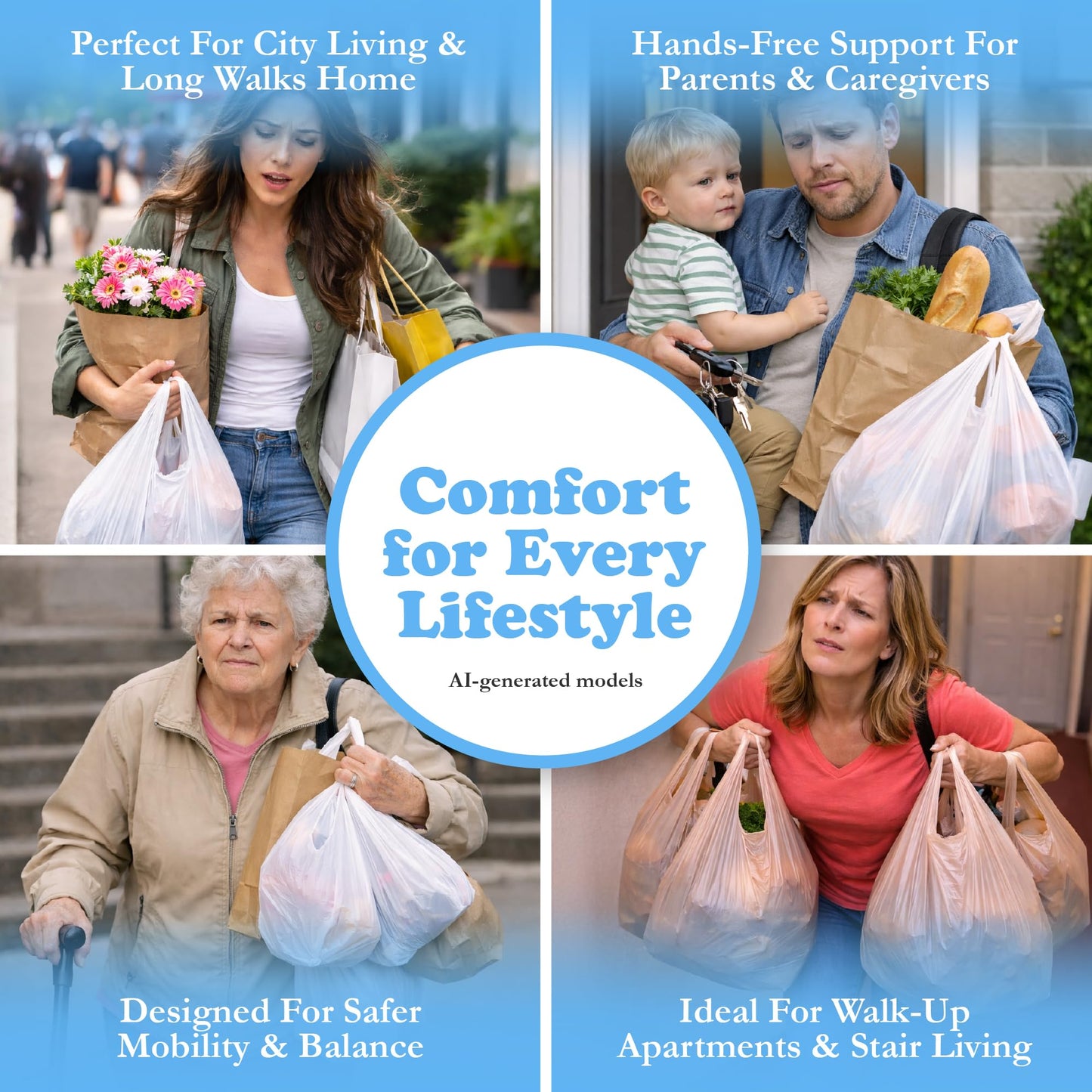 Click & Carry Grocery Bag Carrier Handle - Carry More in Fewer Trips, 100lb Capacity, Hands-Free, Gel-Padded Ergonomic Design, Shopping & Grocery Bag Holder - As Seen On Shark Tank, Blue, 2 Pack