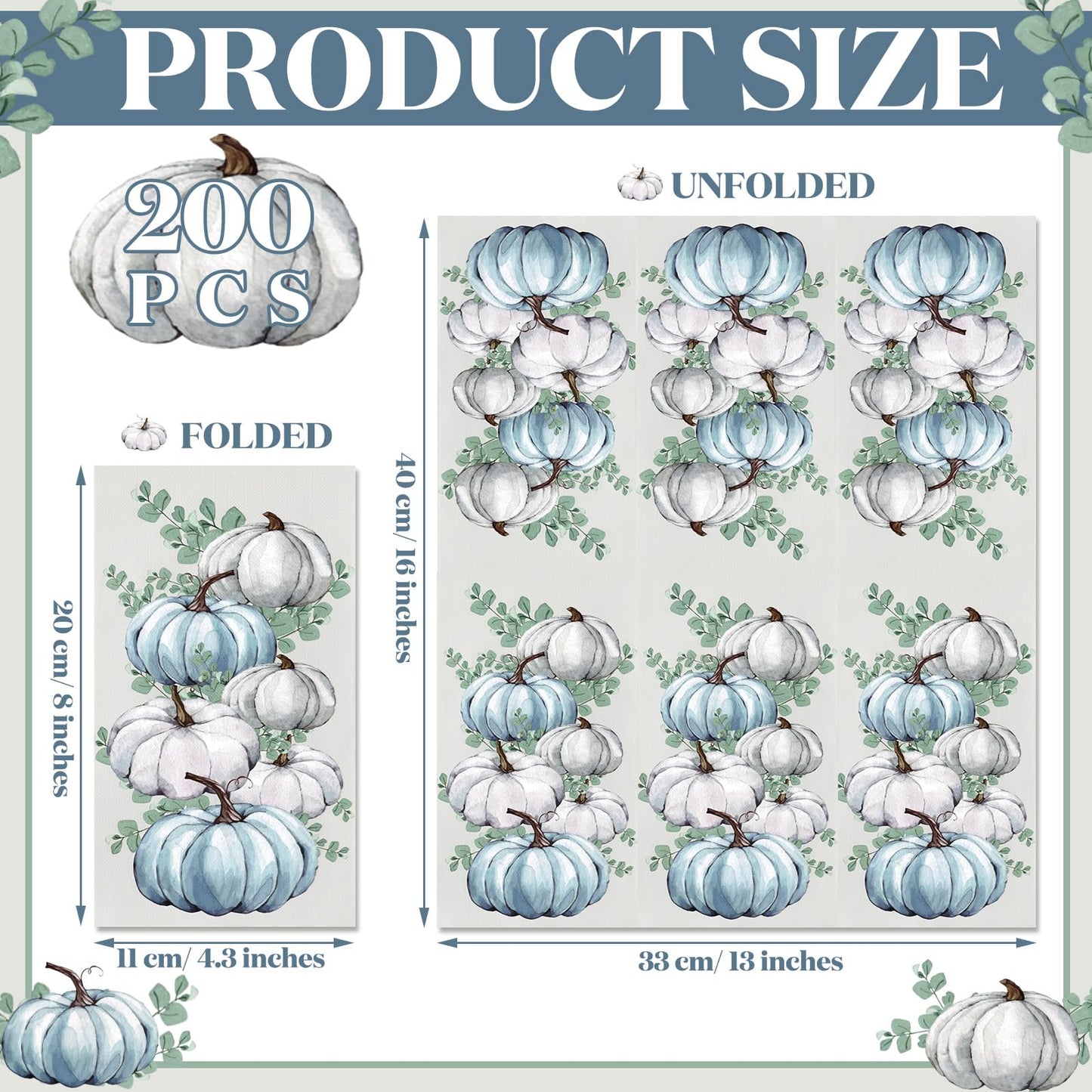 Jetec 200 Pcs Fall Napkins Thanksgiving Disposable Guests Paper Napkins White and Blue Pumpkin Disposable Hand Towels for Bathroom Thank You Gifts Decorative Napkins for Wedding Shower Birthday Party