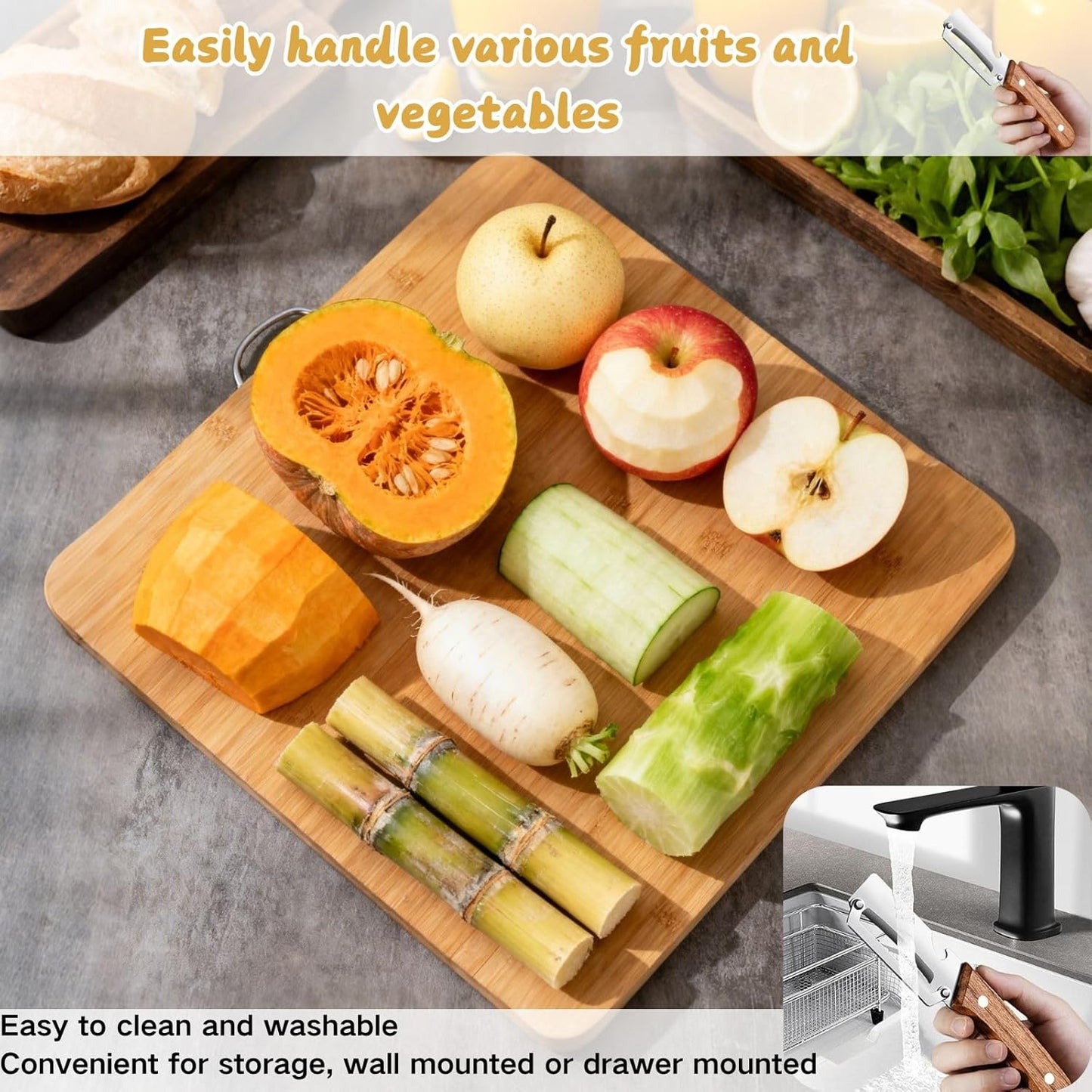 Skiennix Multi-Functional Kitchen Peeler - Premium Wooden Handle & Stainless Steel Blade | 2 Pack for Easy Vegetable & Fruit Peeling