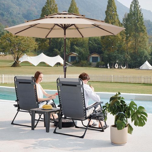 JEAREY 9FT Patio Umbrella - 3 Tier Outdoor Market Umbrella with UV Protection & Push Button Tilt - Beige