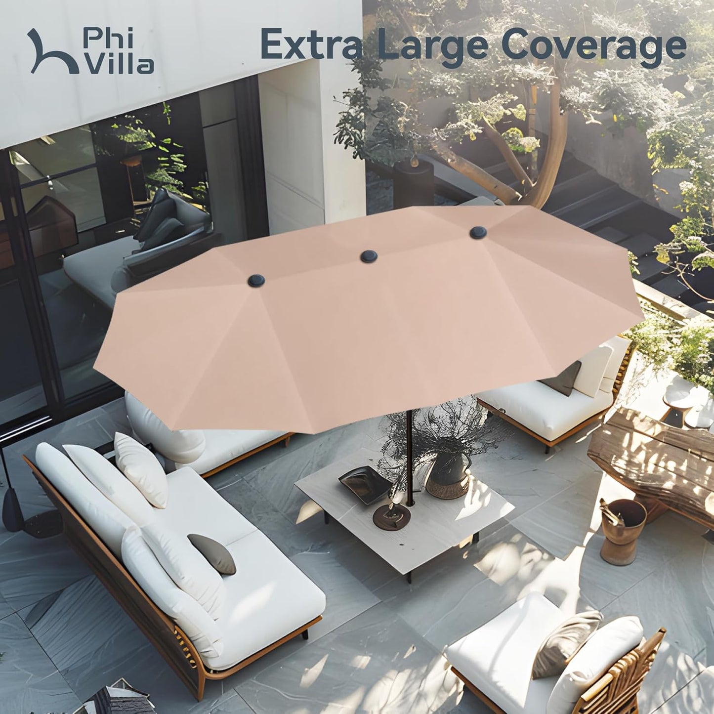 PHI VILLA 13ft Double-Sided Patio Umbrella - Crank Mechanism, Stylish Beige Design
