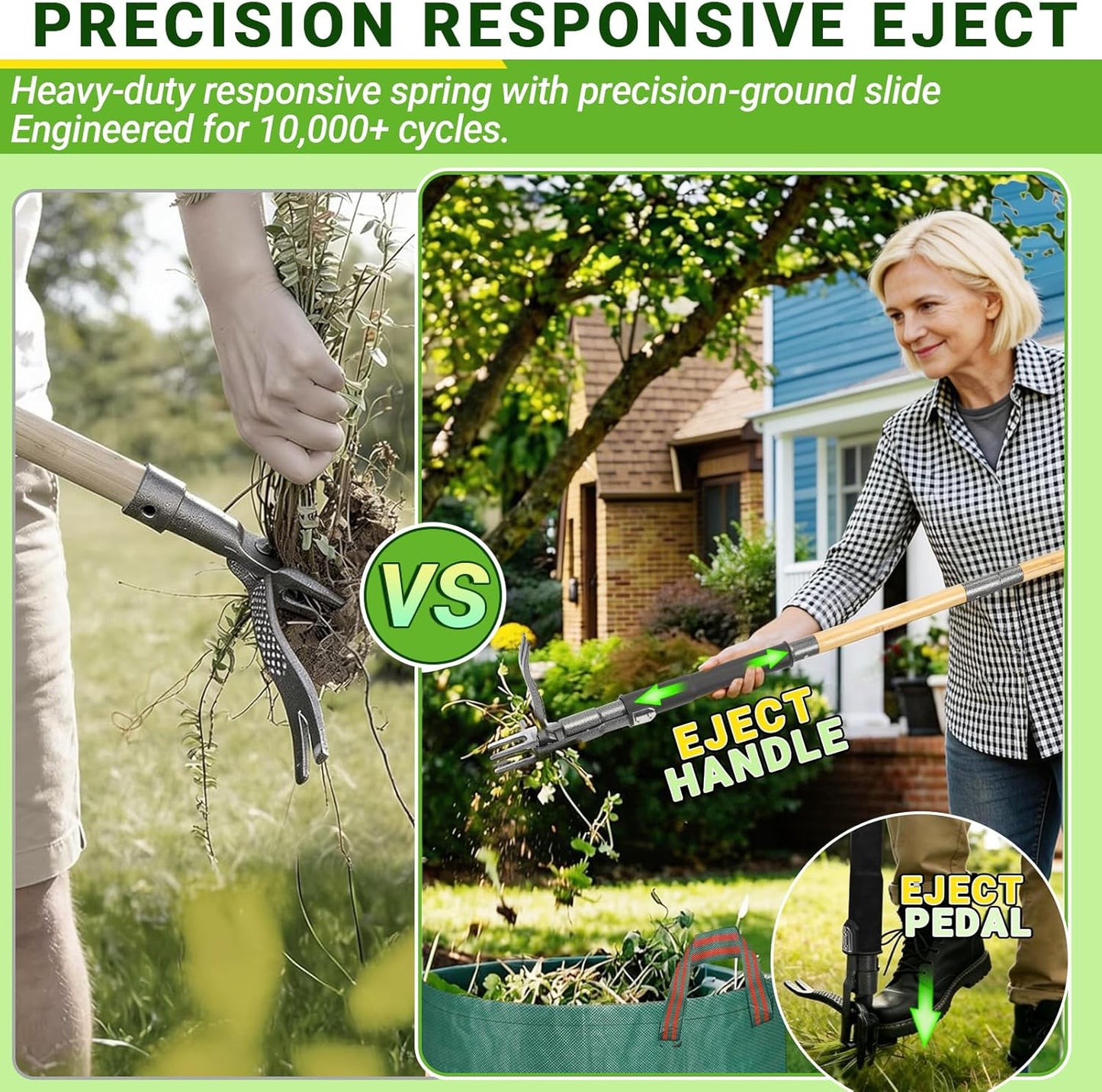 Skiennix Heavy Duty Weed Puller Tool - 4-Claw Steel Head & Dual-Eject Mechanism | 43.5" Bamboo Handle & 16 Gallon Leaf Bag
