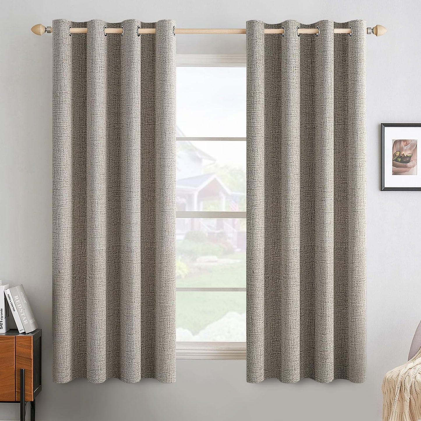 MIULEE Linen Curtains - 100% Blackout Thermal Insulated Greige Drapes | Room Darkening 52x63 Inch (2 Panels)