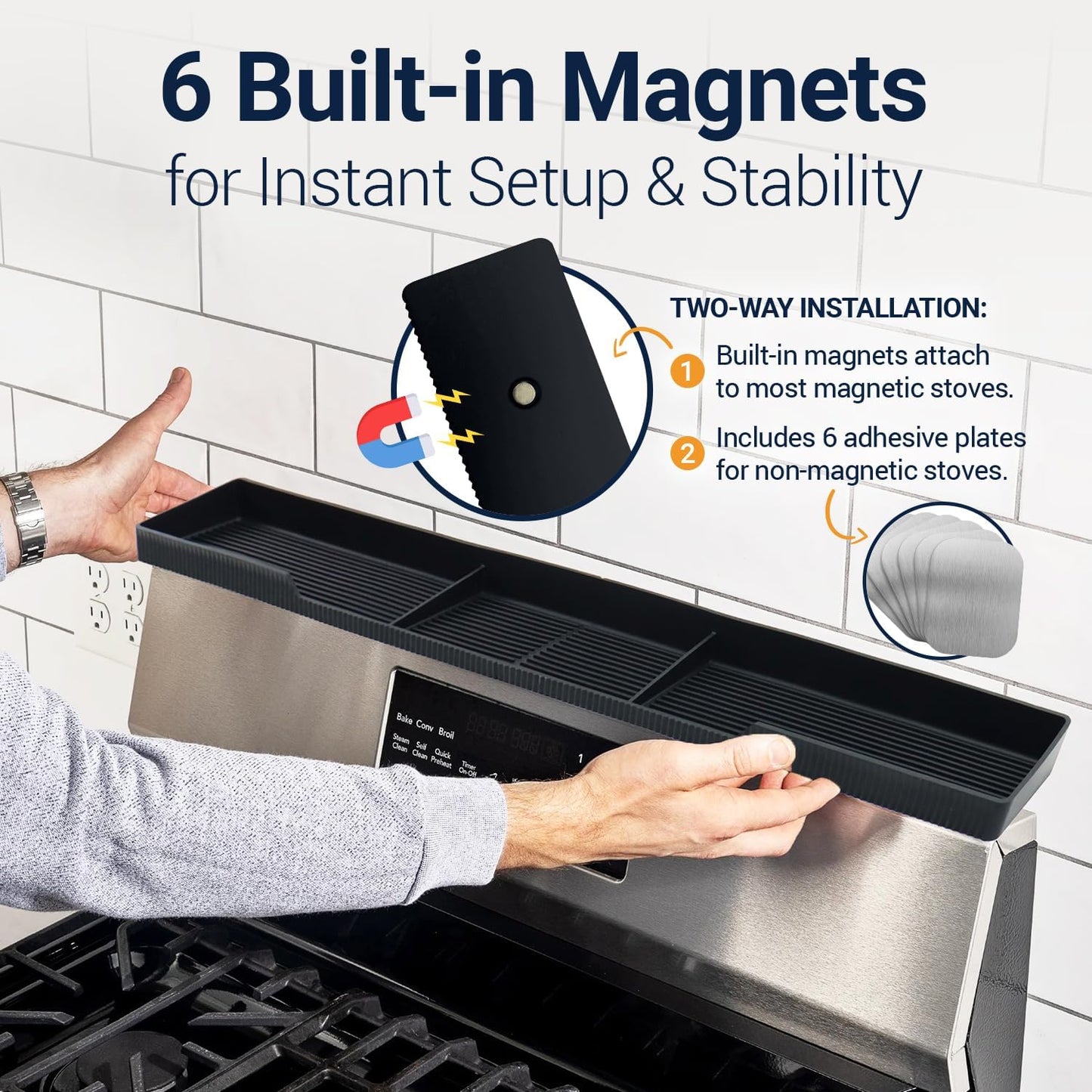 Silicone Magnetic Over The Stove Shelf - Versatile Spice Rack with 6 Extra Plates | Black