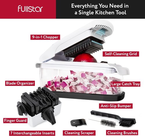 Fullstar Vegetable Chopper & Mandoline Slicer - 9-in-1 Kitchen Food Chopper with Container & Grater (White/Black)