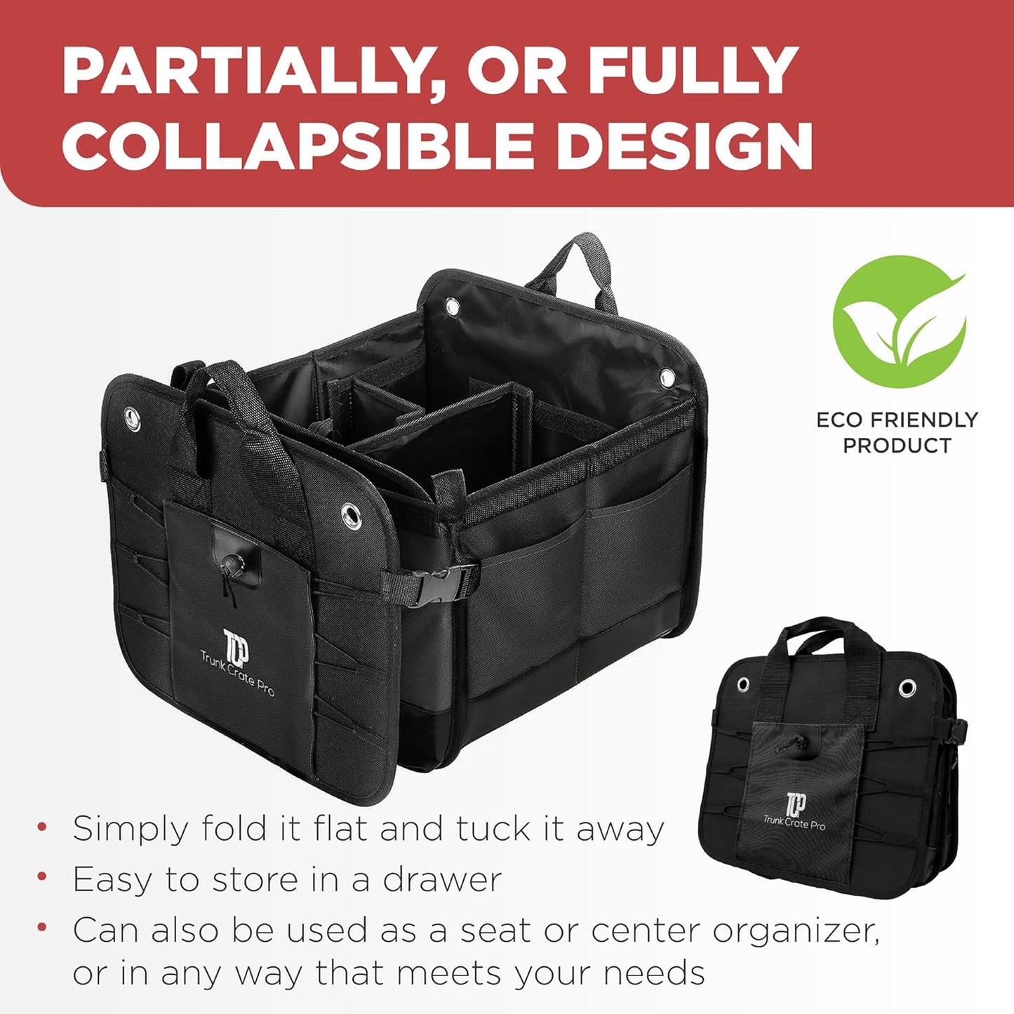 TRUNKCRATEPRO Car Trunk Organizer - Premium Adjustable & Collapsible Design | Large Size, Black with Non-Slip Bottom
