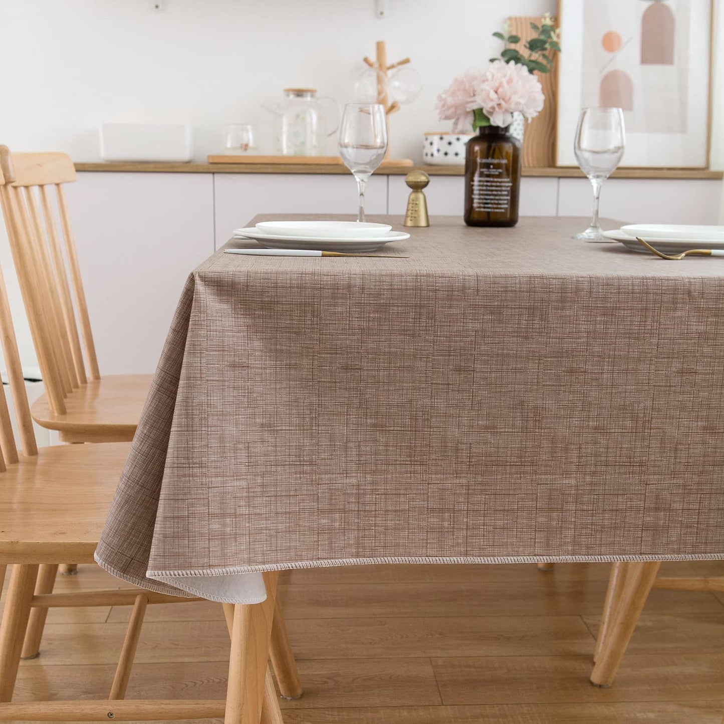 Pioggia Vinyl Tablecloth with Flannel Backing Rectangle Waterproof Oil-Proof Plastic Table Cloth Wipeable PVC Table Cover for Indoor and Outdoor (Linen, 60 x 120 Inch)