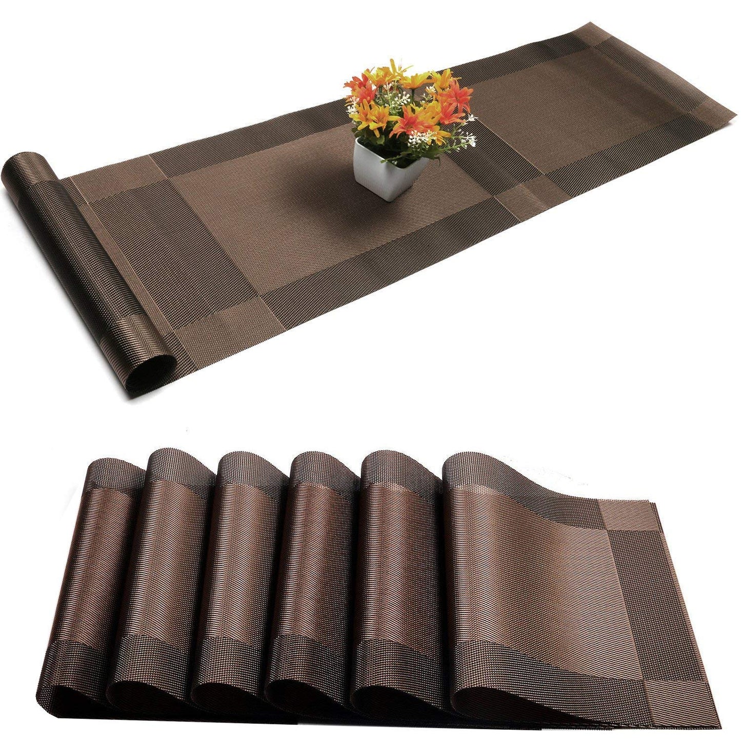 Placemats with Table Runner Sets Place Mats, Woven Crossweave Vinyl Kitchen Tablemat, Washable PVC Mats for Dining Table, Parties, Farmhouse, Thanksgiving, Christmas & Gathering (Brown)