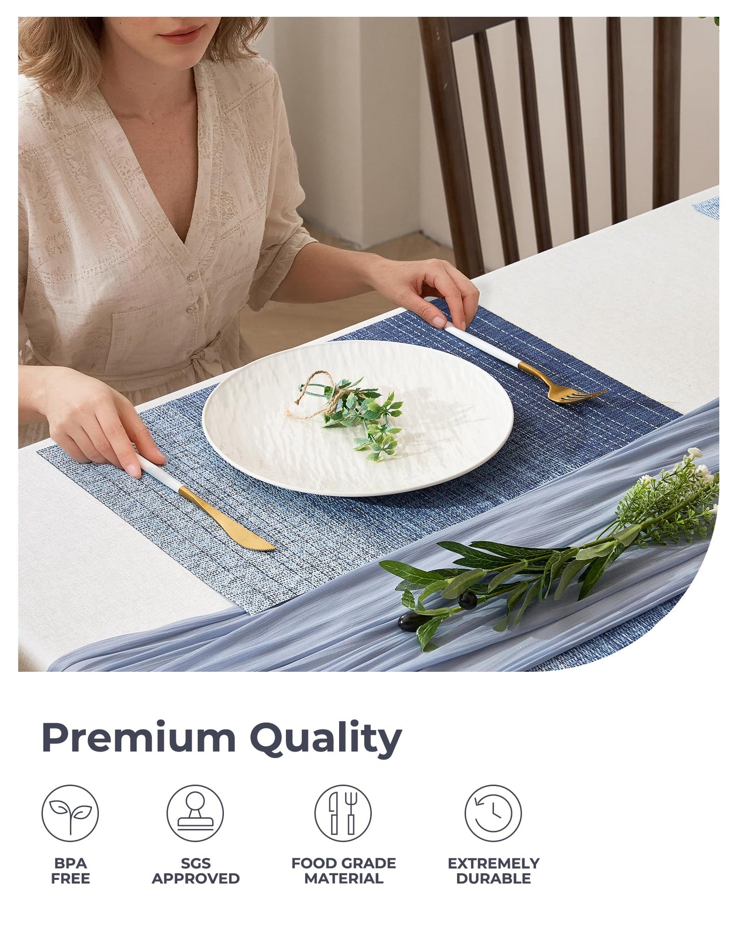 Leetaltree Gradient Blue Woven Placemats Set of 12 - Heat Resistant Non-Slip Place mats for Dining Table, Washable Durable PVC Vinyl Woven Table Mats(Gradient Blue, 12)