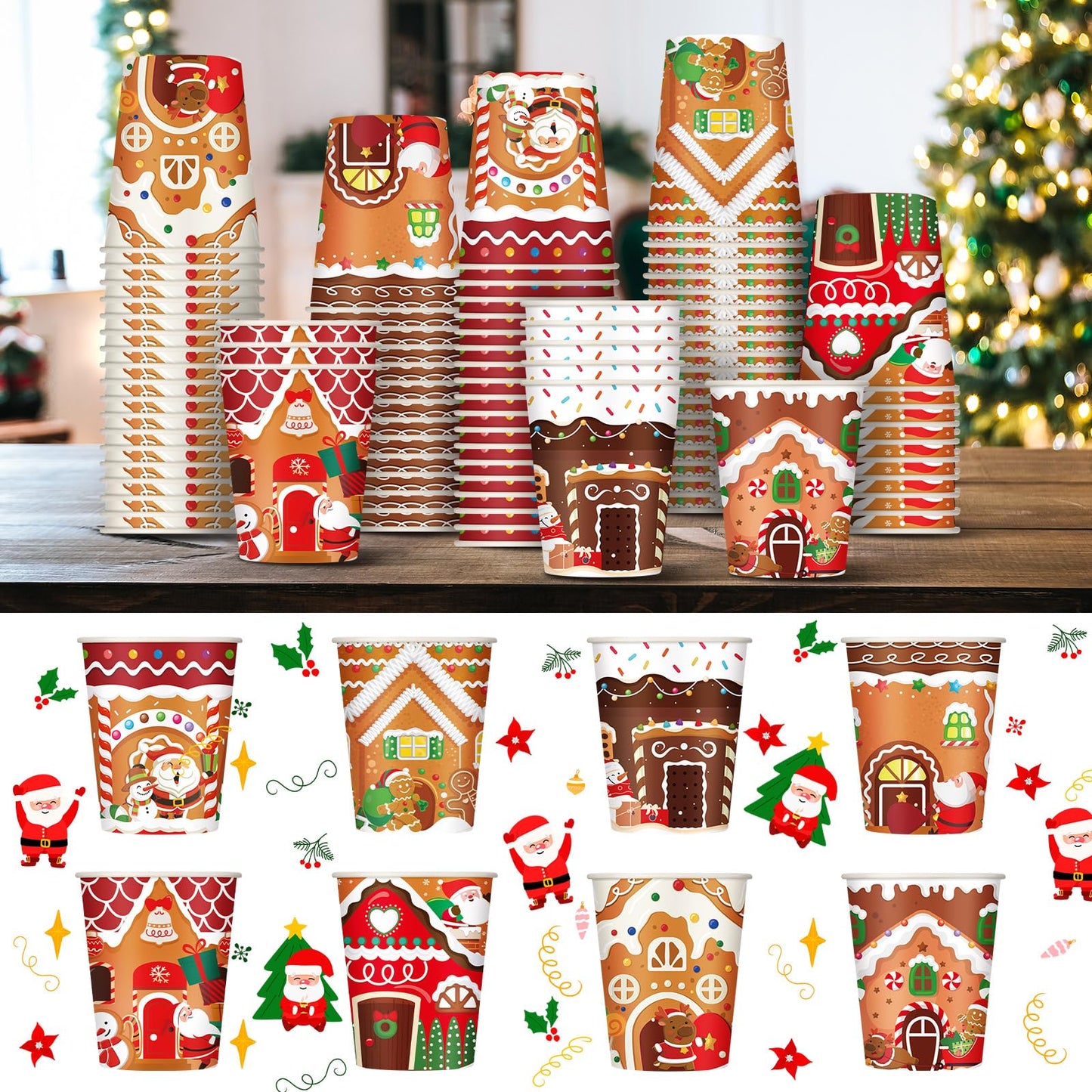 Zhehao 200 Pcs Christmas 9 oz Paper Cups Disposable Coffee Cups Santa Snowman Elk Disposable Hot Cups Xmas Party Drinkware Supplies for Holiday Tea Beverage Cocoa Cold Hot Drink (Gingerbread Style)