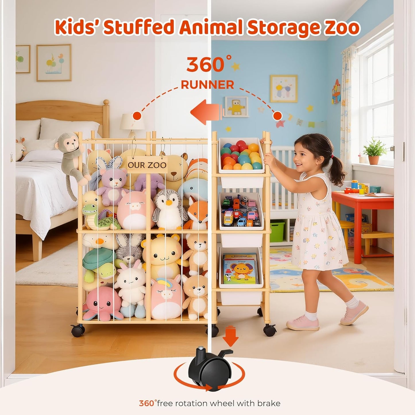 Sevenblue Toy Storage Organizer - 3 Removable Bins for Kids | Stylish Wood & White Design for Playroom