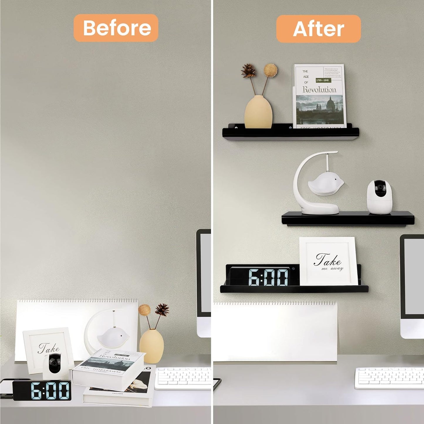 Upsimples Acrylic Wall Shelves - 15" Floating Display Shelf Set for Perfume & Books | Black, 4 Pack