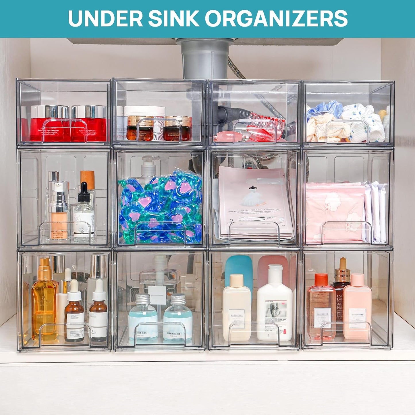 Vtopmart Stackable Storage Drawers - 4 Pack Clear Acrylic Organizers for Bathroom & Kitchen | 6.6'' Tall