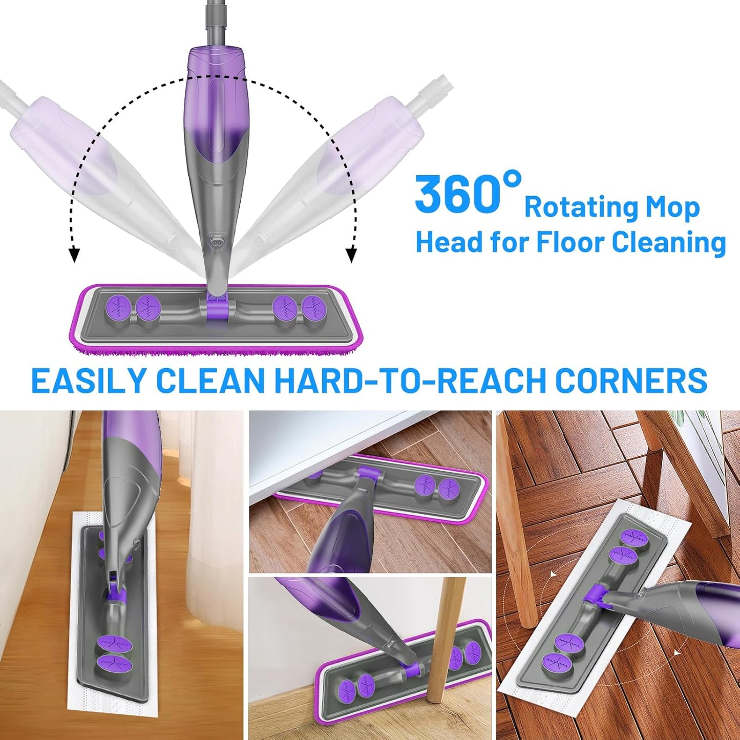 Skiennix Spray Mop for Floor Cleaning - Wet & Dry with 2 Washable + 2 Disposable Pads | Refillable Bottle for Hardwood & Tile Homes - Effectively Absorbs Pet Hair & Dust