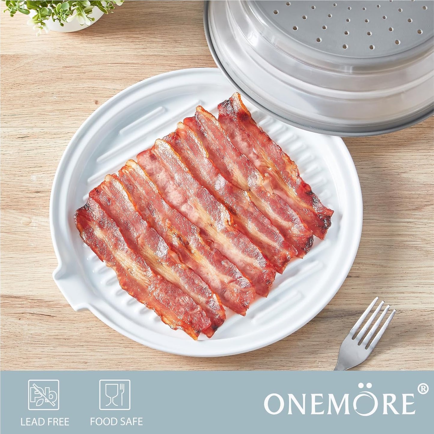 ONEMORE Microwave Bacon Tray - Ceramic Cooker for Crispy Bacon | 11-Inch Round Dish with Lid, White
