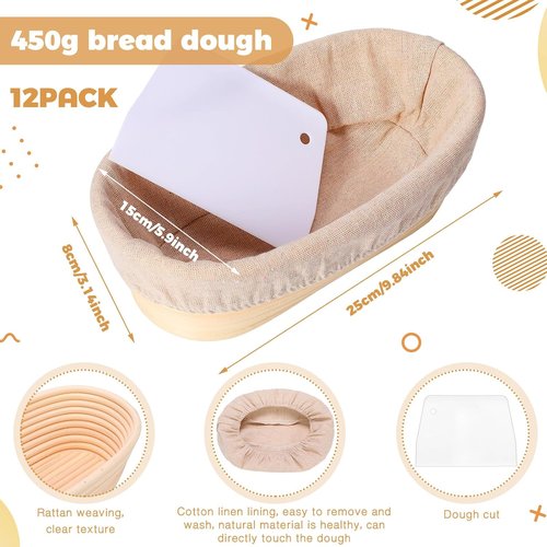 Gejoy 12-Piece Bread Proofing Basket Set - Oval Banneton Dough Bowls with Cloth Liner & Scraper | 10-Inch Sourdough Baking Supplies
