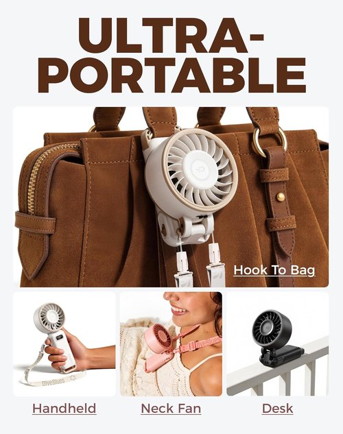 Diveblues Portable Turbo Fan - 100 Speed Handheld Fan with Strong Airflow | Foldable 4-in-1 Design for Neck, Desk & Travel