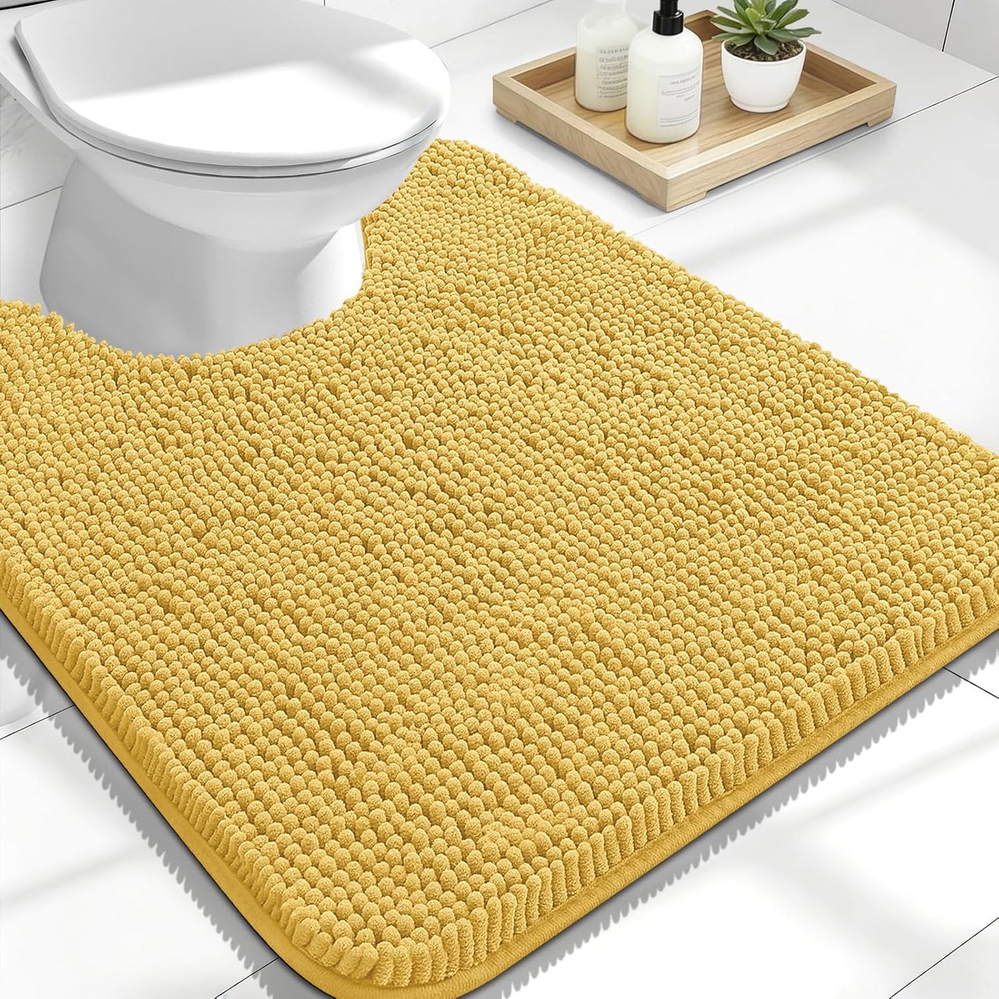 OLANLY U-Shaped Toilet Rugs - Extra Soft, Absorbent Chenille Bath Mat | 24x20, Quick-Dry, Non-Slip, Yellow